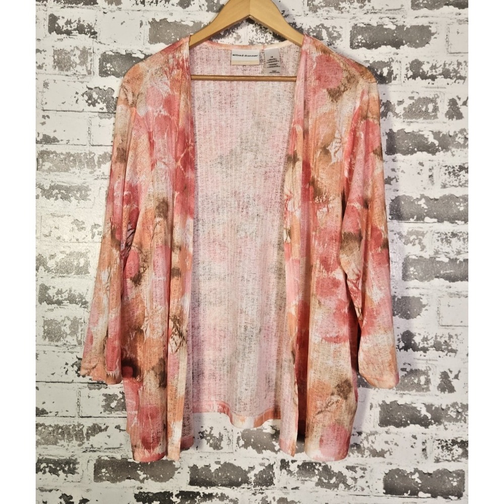 Alfred‎ Dunner Woman 1X Open Front Cardigan Pink Floral Sheer Mesh Lightweight